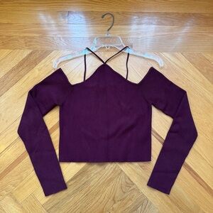 Garage Maroon Ribbed Cold Shoulder Sexy Top